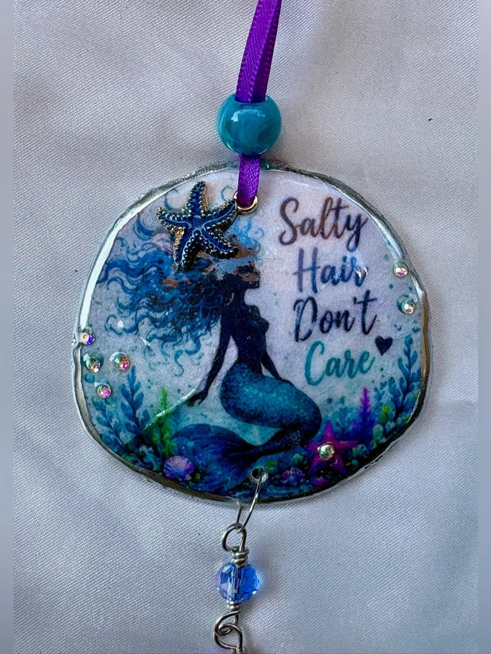 Blue & Green Decoupage Mermaid Crystal Sand Dollar Suncatcher